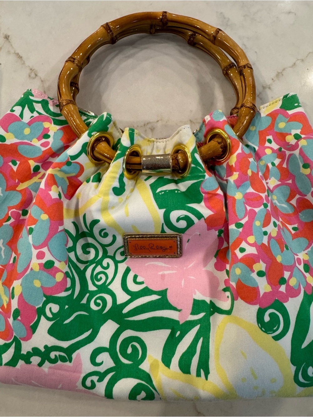 Lilly Pulitzer Pink, Green & White Bamboo-Handle Floral Shoulder Bag